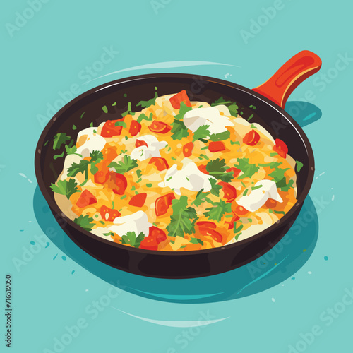Omelette Scrambled Eggs as Tasty Dishes with Egg Ingredient Served in Frying Pan Vector Illustration