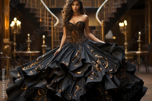 A bold and dramatic shot of a model in a voluminous black and gold ball gown, creating a sense of opulence against a dark and mysterious background
