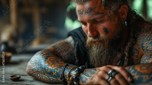 A pensive man with ornate tattoos on his arms and face, engaged in reflection or meditation, with an emphasis on inner strength and cultural expression. photo