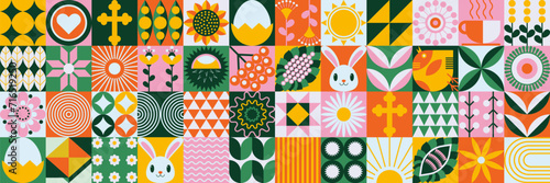 A set of icons related to Easter. A collection of line icons with Easter eggs. Mosaic style. Spring vector illustration photo