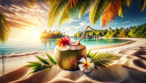 coconut cocktail on  the beach, generative ai photo