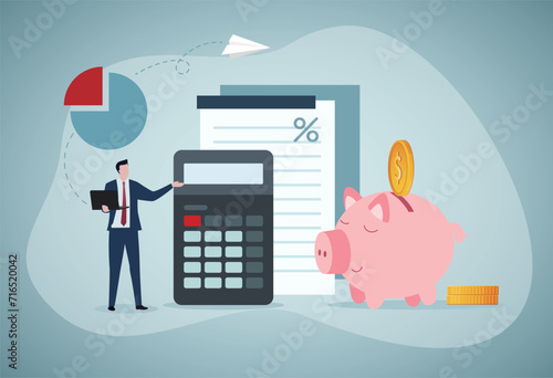 Budget planning or income management, spending and expense report or investment balance sheet, debt calculation and analysis, businessman with computer planning budget with calculator and piggybank. photo