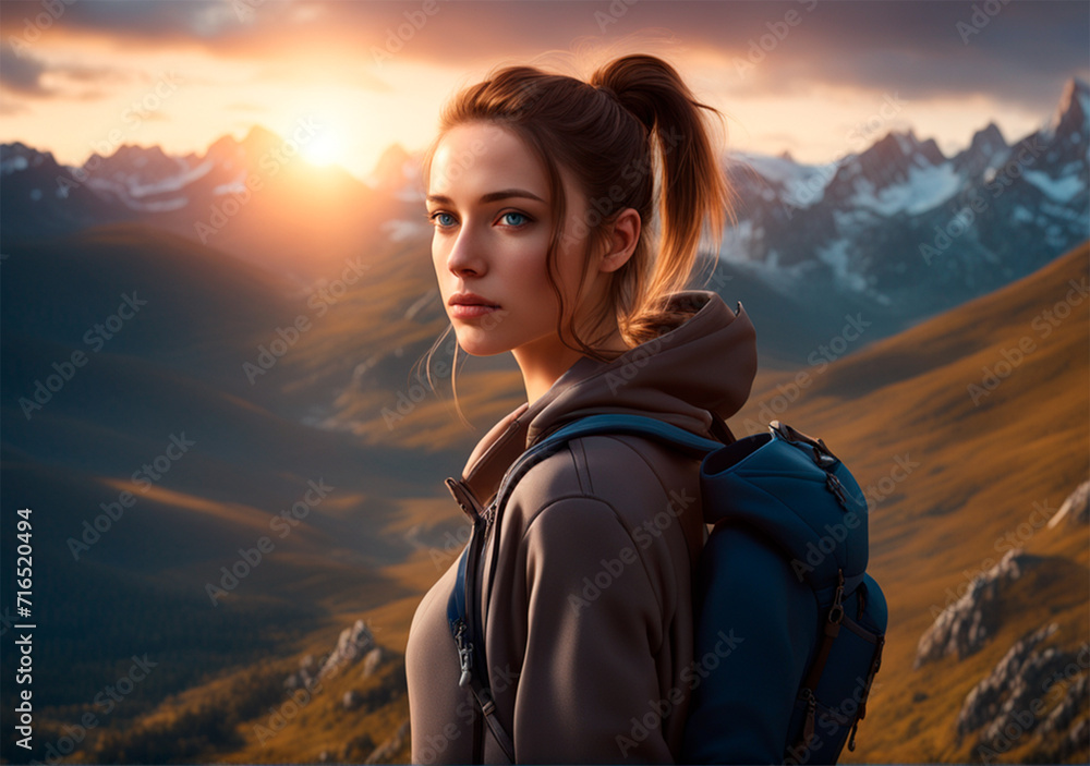 Beautiful young woman with a backpack on the background of mountains at sunset