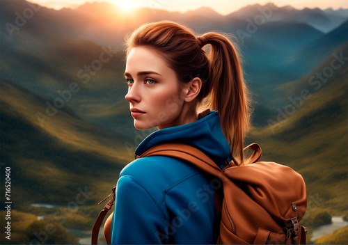 Portrait of a beautiful young woman with a backpack on the background of mountains.