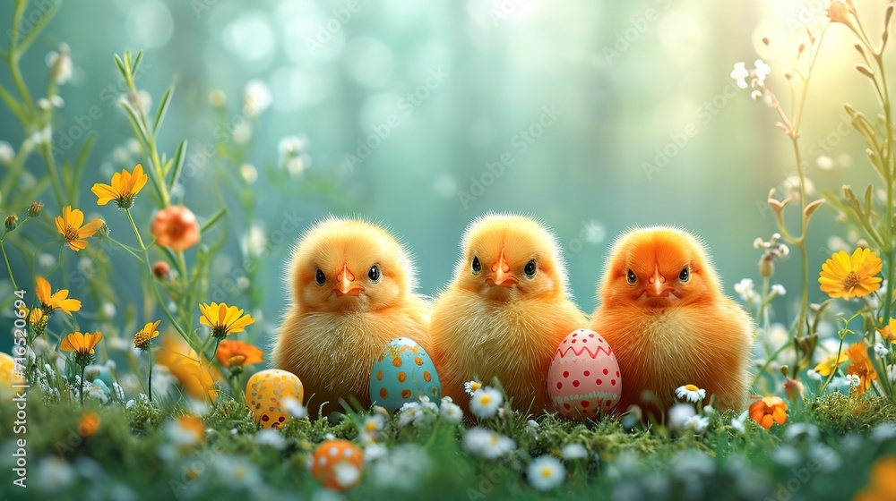 Blue, yellow, white eggs in the nest and yellow chicks on a green background.