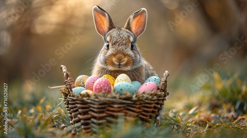 Small ,baby rabbit in easter basket with fluffy fur and easter eggs in the fresh