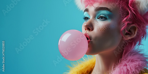 Whimsical female woman young girl person with pink hair blowing a bubblegum bubble on minimal light blue banner background with empty copy space for text. Fantasy character concept photo