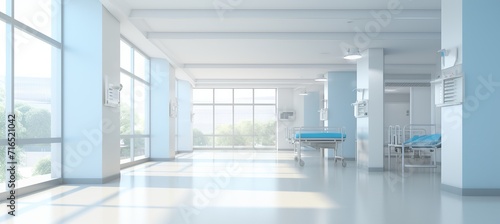Blurred hospital hallway with reception clinic and copy space for text or graphics