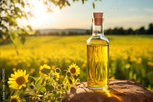 Sunflower oil bottle with sunflowers. Natural organic product concept. Copy space