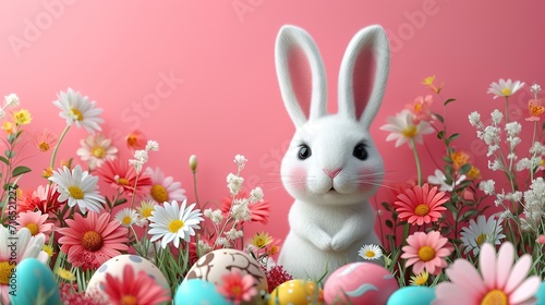 3d Easter banner with beautiful painted eggs and cute happy easter bunny.