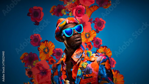 Modern pop art portrait of handsome African man in blue sunglasses and hat on floral background. Contemporary drawing painting poster of stylish fashion people in vintage retro style