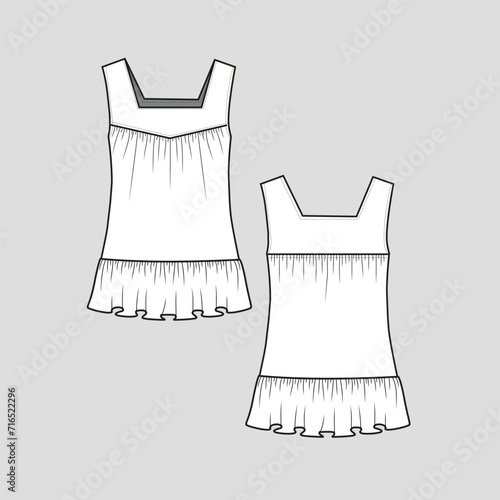 Sleeveless square neck Ruffles tunic top gathreings detail bottom ruffles hem vest tank singlet t shirt top dress  fashion clothing flat sketch technical drawing template design vector