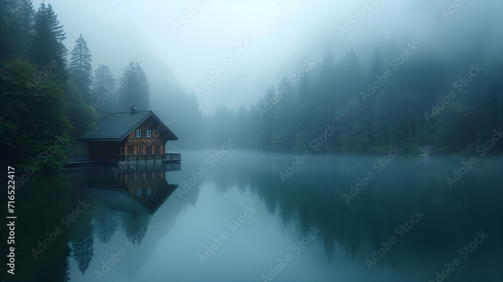 Fototapeta premium Ideas for building a wooden house next to a lake in the forest, house, design, forest, lake, trees, landscape, nature, sky, relaxation, vacation, AI-generated.