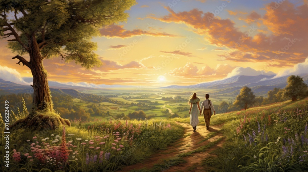 A serene countryside scene, a couple strolling along a tranquil path, the HDR painting accentuating the subtle tones and sharpness of nature - Generative AI - obrazy, fototapety, plakaty 