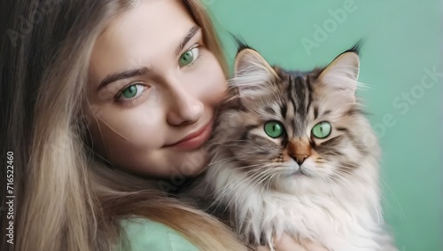 woman with beautiful cat with green eyes and hugging each other.