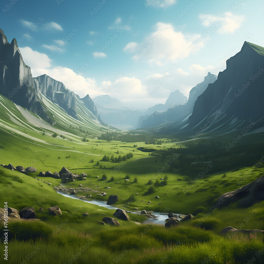 Pictures of beautiful landscapes of the steppe, nature, mountains, forests, streams, grass, sky, clouds, wilderness, landscapes, travel, camping, AI-generated.