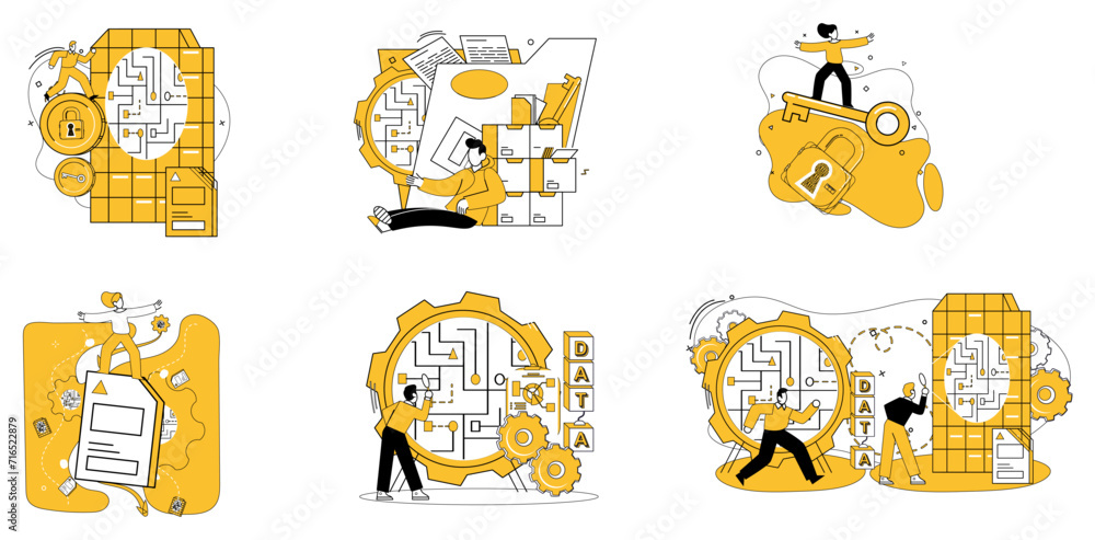 Data management vector illustration. Business progress is charted by navigator called data management metaphor Control and direction are hands guiding ship information in cyberspace