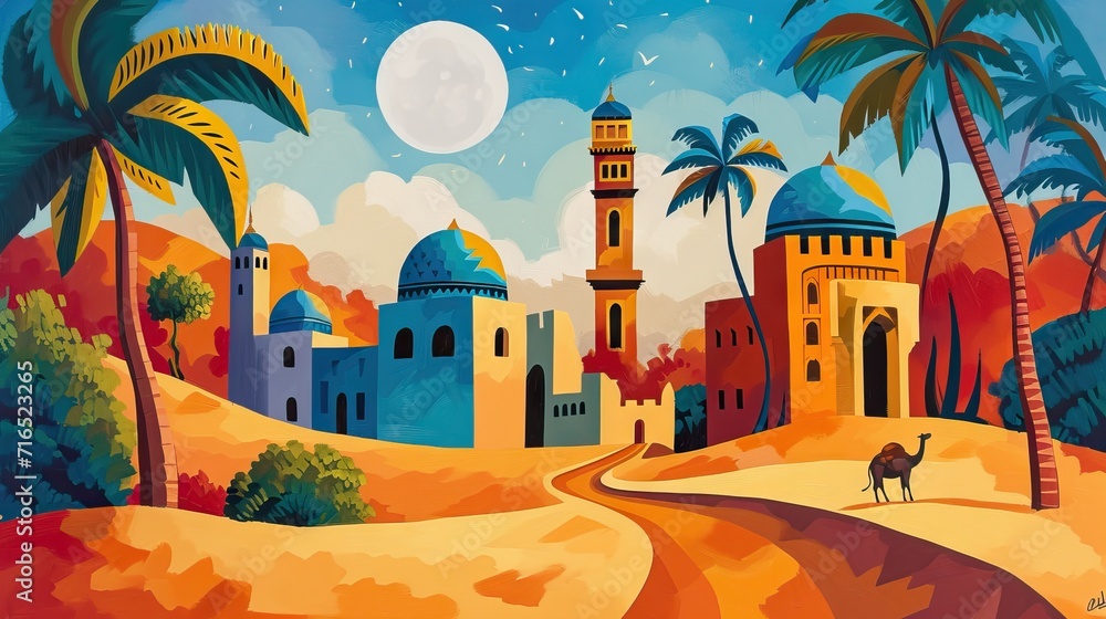 mosque and camel with sun in ramadan kareem background - ai generated abstract art