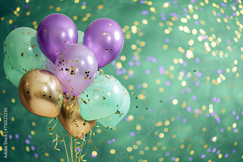 bunch of balloons isolated on green background with blurred confetti all around. Lilac, green and gold colors photo