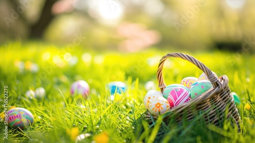 Wicker Basket Full of Colorful Easter Eggs in Grass