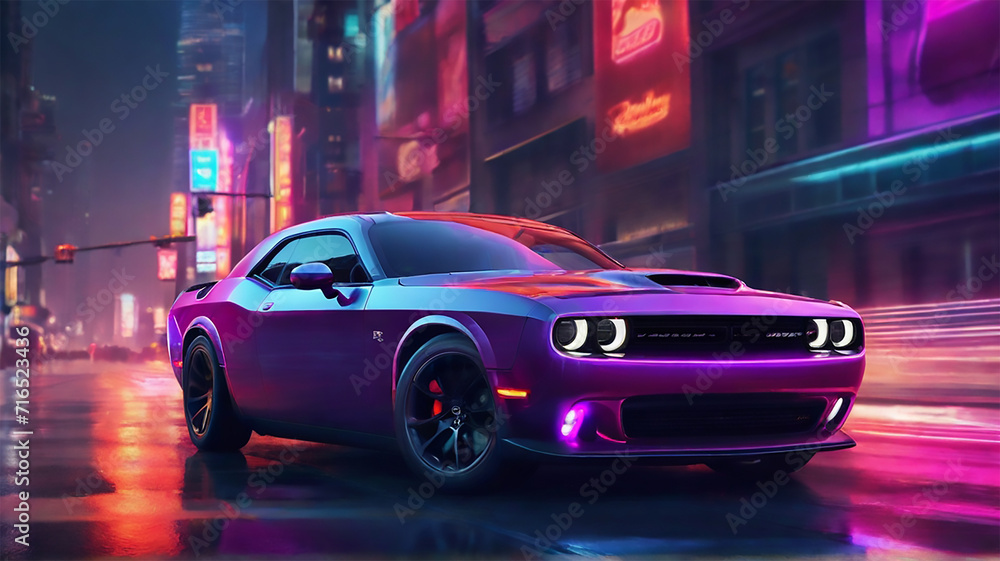 a Dodge Challenger on night street