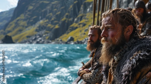 A group of Vikings on a sea voyage, looking at the rough sea from the side of a wooden ship.