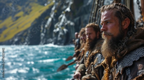 A group of Vikings on a sea voyage, looking at the rough sea from the side of a wooden ship.