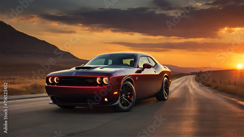 a Dodge Challenger on night street © Sobaurna