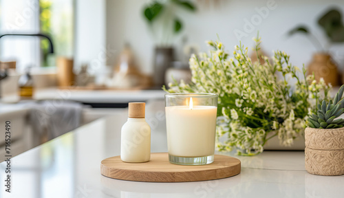 Elegant white scented candles in glass with wooden lid in stylish kitchen interior