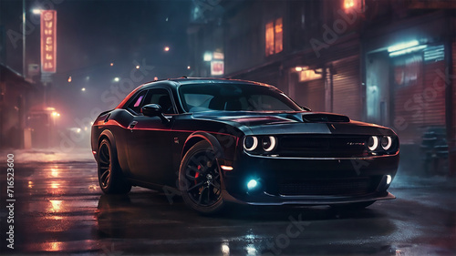 a Dodge Challenger on night street
