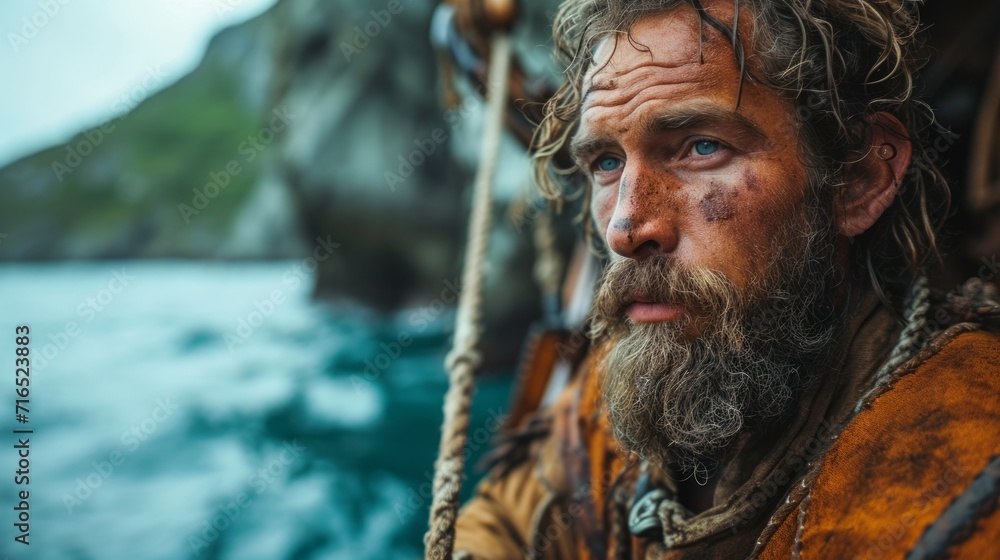 A group of Viking men with beards and military markings on their faces, deeply focused before battle and looking into the distance. concept: reconstruction of Viking times A group of Viking men with beards and military markings on their faces, deeply focused before battle and looking into the distance. concept: reconstruction of Viking times