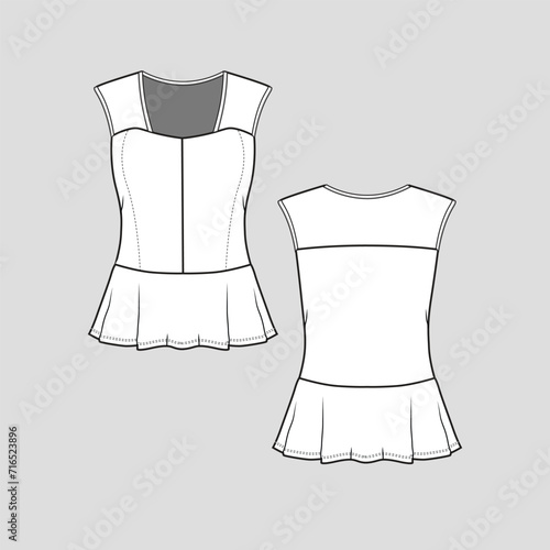 Sleeveless Fashion top square neck peplum ruffle detail waist top tunic dress flat sketch technical drawing template design vector