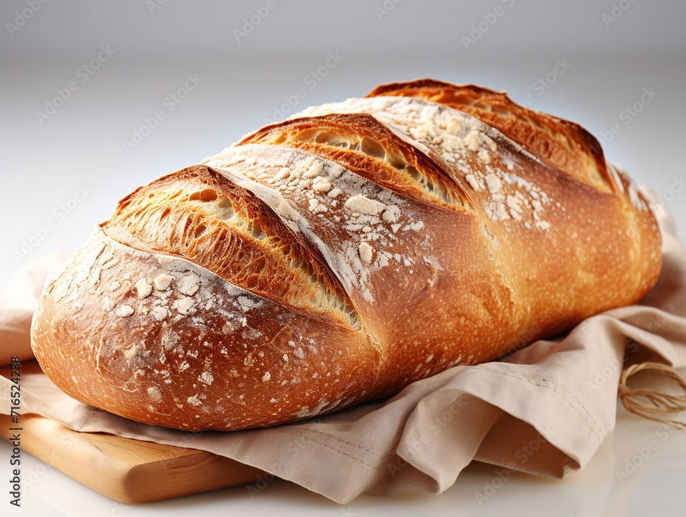 Freshly baked loaf of bread on a linen napkin on a white background