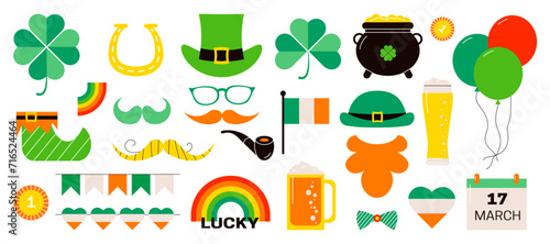 Saint Patrick's Day flat icons set on white background. Modern irish symbols in cartoon style. Colored vector illustration