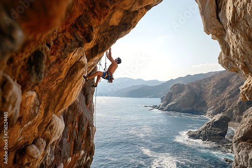 A rock climber in action on the massive cliff wall, experiencing the beauty of extreme sports. 'generative AI' 