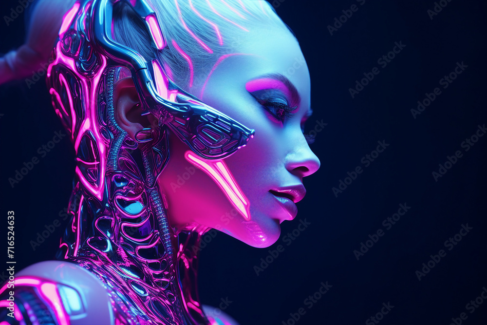 Ai generative picture of futuristic cyberpunk cyborg from the future illuminated with bright neon colours