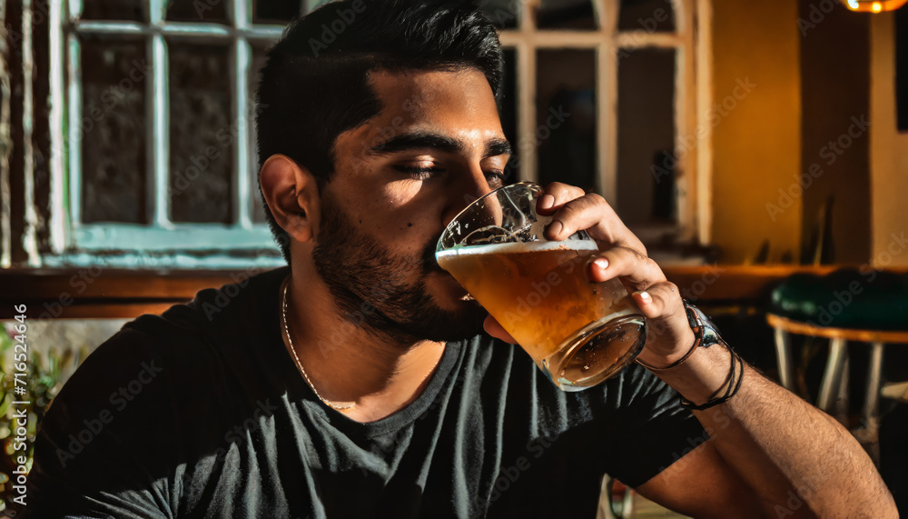 Relaxed young man enjoying a refreshing pint of beer at the local pub Relaxed young man enjoying a refreshing pint of beer at the local pub