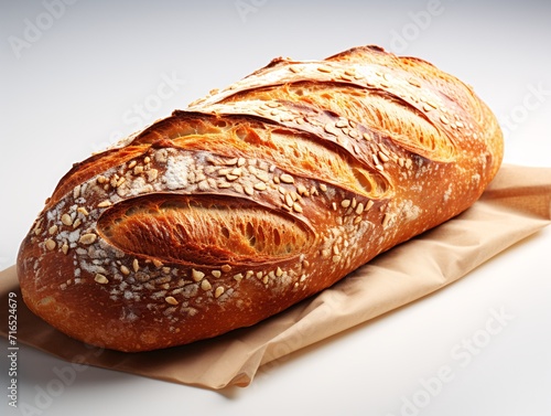 Freshly baked loaf of bread on a linen napkin on a white background
