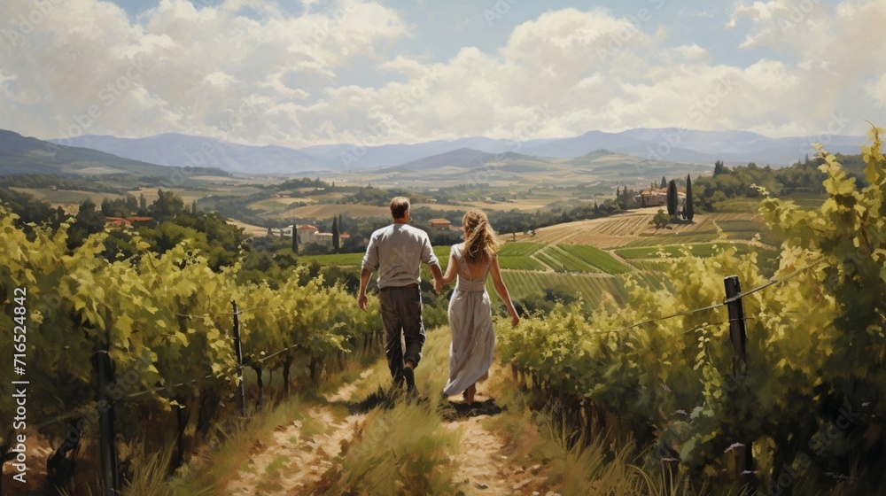 A sun-kissed vineyard a romantic couple in love - Generative AI