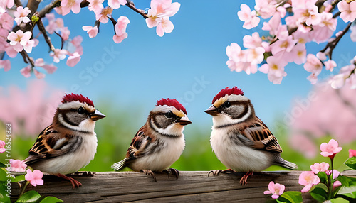  birds on a branch, Beautiful Spring Garden Scene with Four Birds Perched on Branch with Pink Blossoms 