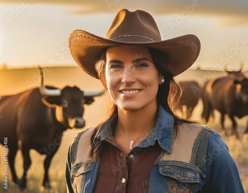 Smiling Cowgirl in Western Shirt and Hat