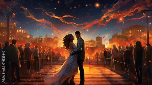 A vibrant city square a romantic couple hugging with love - Generative AI