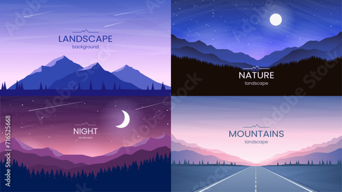 Set of polygonal banners. Mountain scenery, night scene, moon and stars, highway road to the mountains. Hiking, tourism. Vector illustration for web background, wallpaper, flyer.