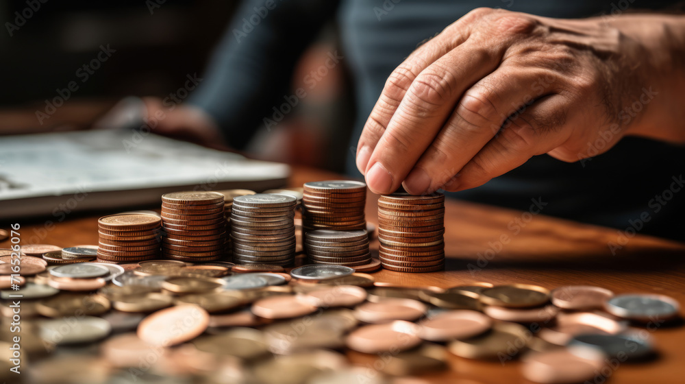 Close-up of an old woman's hands stack counting coins Close-up of an old woman's hands stack counting coins