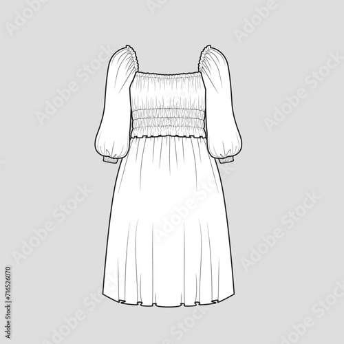 Smocked Fashion Dress Waist gathering detail balloon sleeve dresses  top t shirt blouse clothing flat sketch technical drawing template design vector