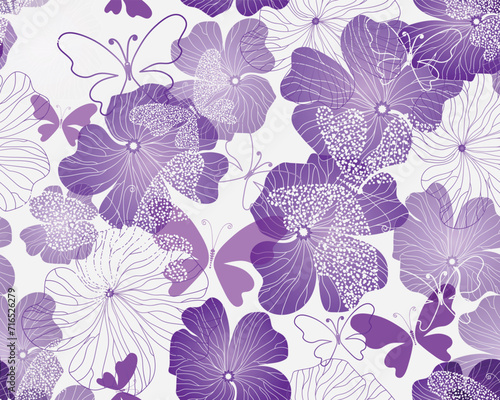 Vector seamless colorful hand drawn pattern with violet flowers and dotty butterflies on a white background