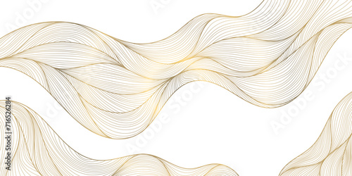 Vector gold line wave background, abstract luxury elegant pattern. Glitter flow japanese style shape, river, sea cover.
