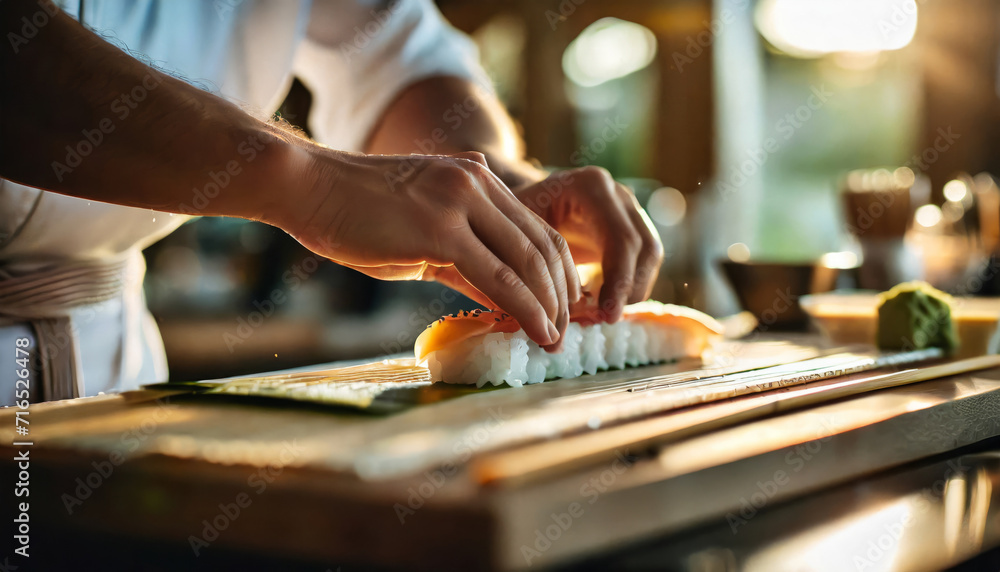 Expert Chef Prepares Fresh and Tasty Sushi Roll with Fish in Homemade Kitchen