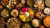 An overhead shot of a table spread with an array of traditional Maharashtrian sweets and festive dishes prepared for Gudi Padwa. The delectable spread showcases the culinary deligh