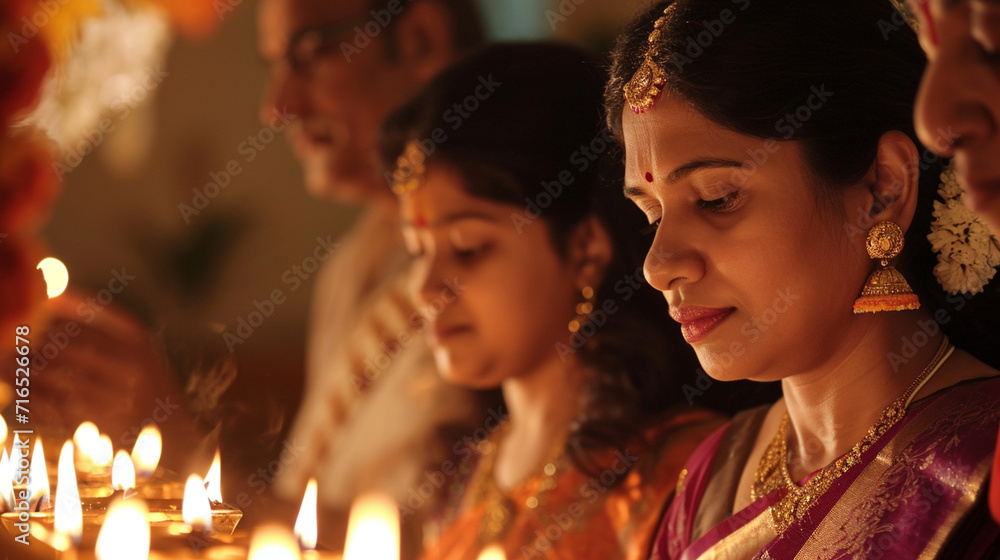 A contemplative image of a family engaged in a Gudi Padwa prayer ceremony, with the divine glow of diyas illuminating the ritualistic setup. The spiritual ambiance adds depth to th